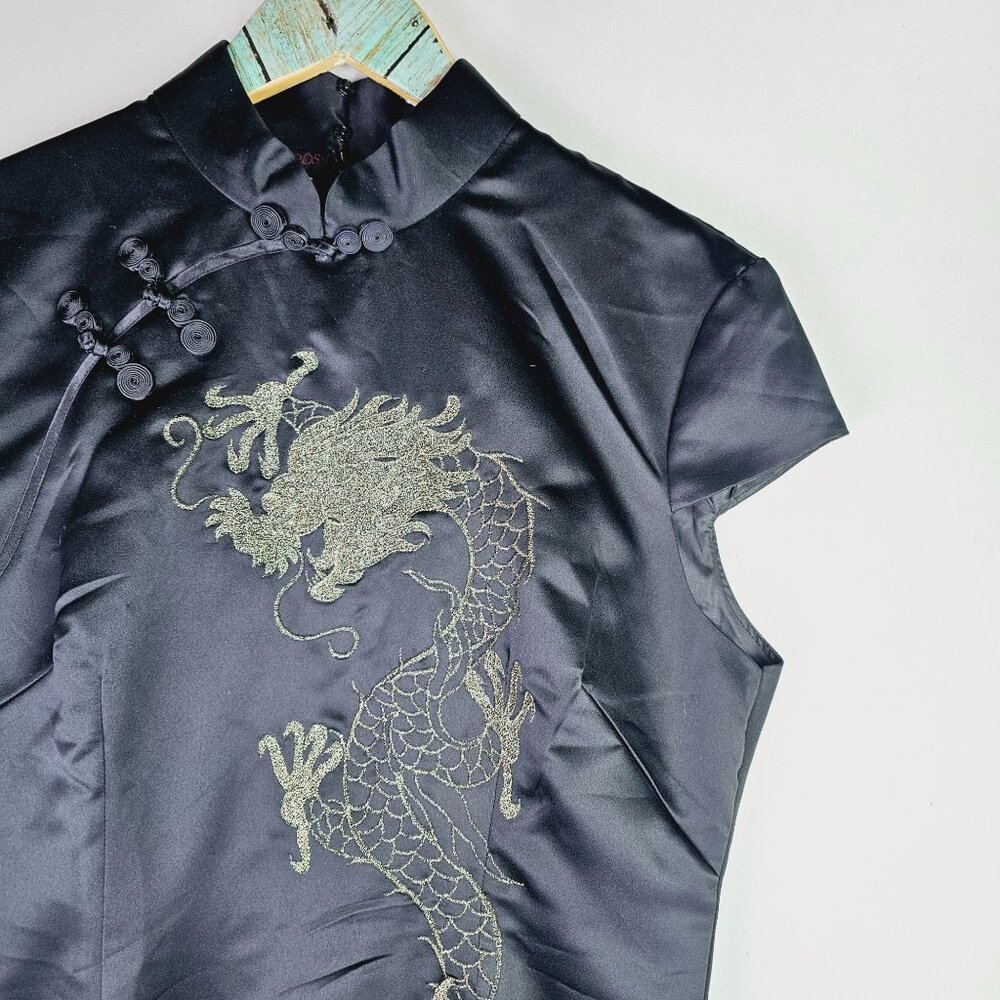 Vintage Y2K Ancient Moods Chinese Cheongsam Qipao Gold Dragon Embroidery Dress - Picture 3 of 8